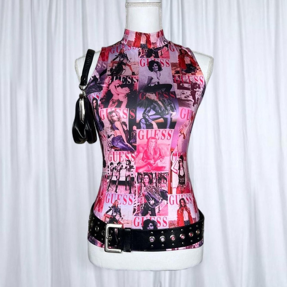 Guess Pink Magazine Collage Graphic Sleeveless Top Y2K 2000s